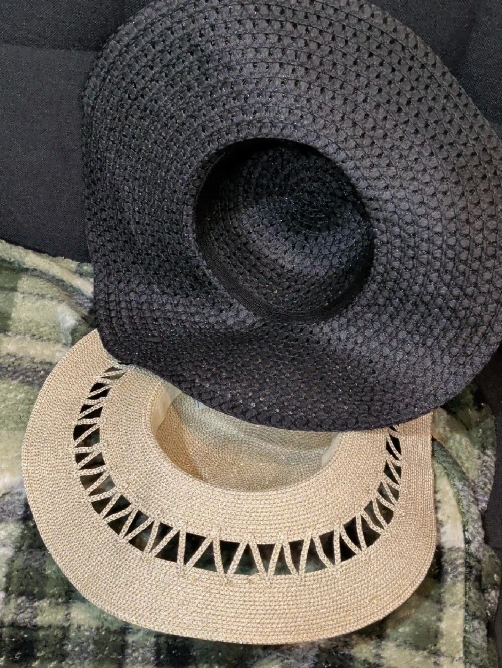 Black and Natural Straw Sun Hats with Leopard Scarf Accent